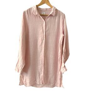 Sigrid Olson Pastel Pink 100% Linen Button Up Long Tunic Blouse Size L